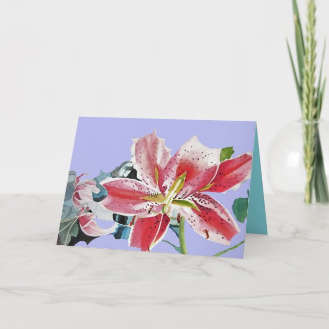 Red Lily mauve floral Watercolour Birthday Card (Front)