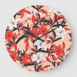 Red Lily: Vintage Botanical Pattern. Large Clock