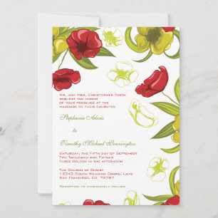 Red + Lime Green poppy flowers wedding invitation