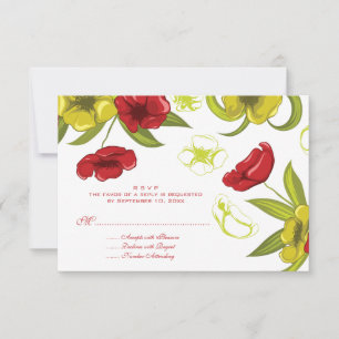 Red + Lime Green poppy flowers wedding rsvp reply Card