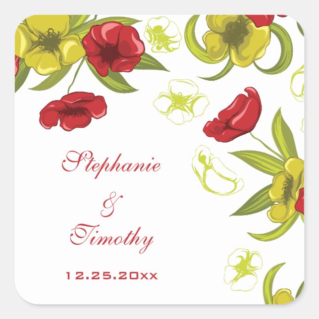 Red + Lime Green poppy flowers wedding stickers (Front)
