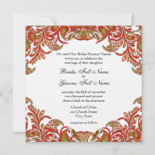 Red, Lime & Orange Vintage Paisley Damask Wedding Invitation