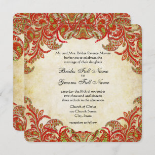Red, Lime & Orange Vintage Paisley Damask Wedding Invitation