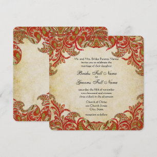 Red, Lime & Orange Vintage Paisley Damask Wedding Invitation