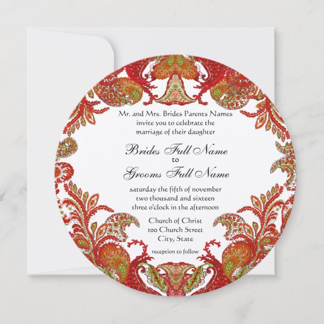 Red, Lime & Orange Vintage Paisley Damask Wedding Invitation (Front)
