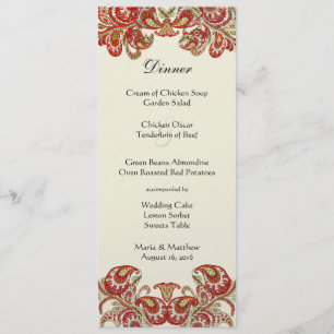 Red, Lime & Orange Vintage Paisley Damask Wedding Menu