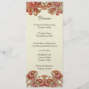 Red, Lime & Orange Vintage Paisley Damask Wedding Menu