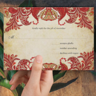 Red, Lime & Orange Vintage Paisley Peacock RSVP Card