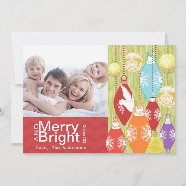 Red Lime Retro Merry and Bright Family Photo Card (Front)