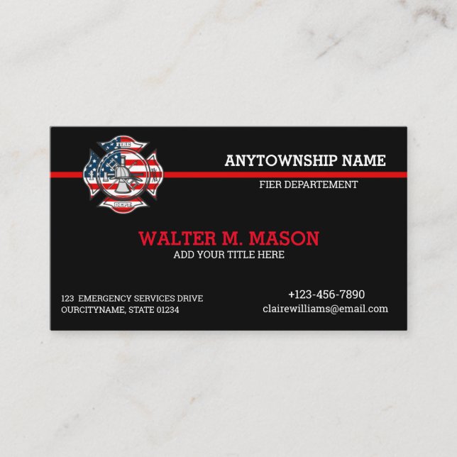 Red Line Firefighter Flag Black Business Card (Front)