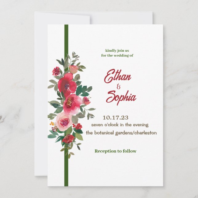 Red line floral wedding invitation (Front)