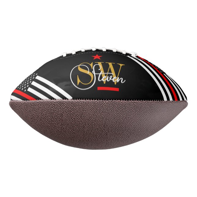 Red Line & Monogrammed Name / Modern Signature American Football (Rotated 270)