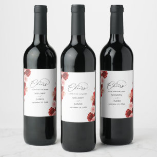 Red Lined Floral Wedding Wine Label