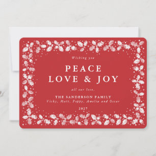 Red Lino Print Holly+Berries Border Flat Non Photo Holiday Card