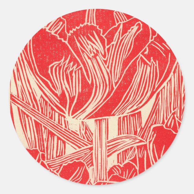 Red Linocut Tulip Round Stickers (Front)