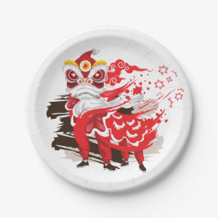 Red Lion Dancer Illustration Paper Plate