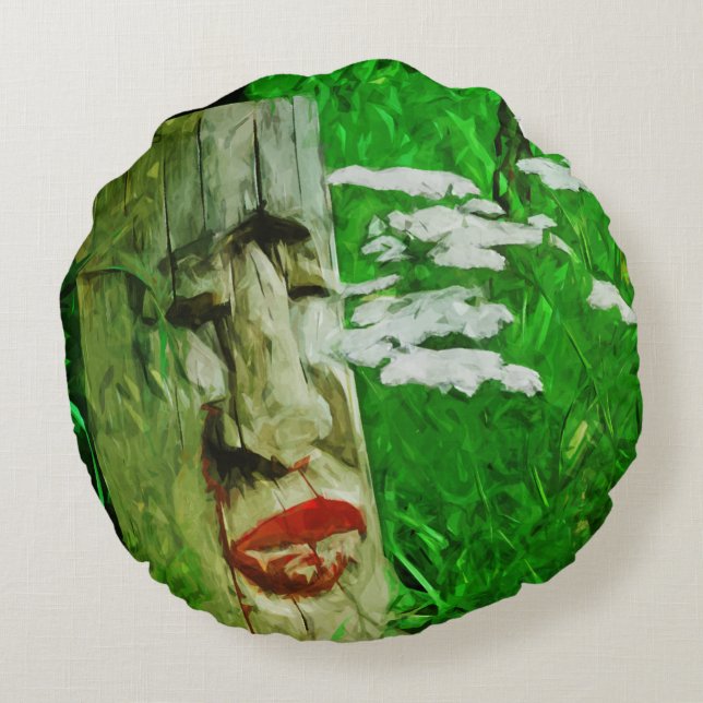 Red Lipped American Indian Totem Among Wildflowers Round Cushion (Back)