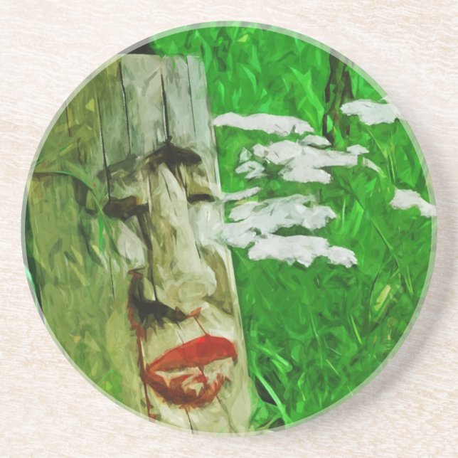 Red Lipped Totem Among Flowers Abstract Coaster (Front)