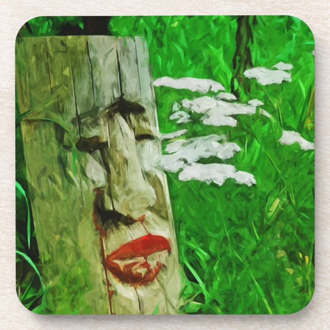 Red Lipped Totem Among Flowers Abstract Coaster (Front)