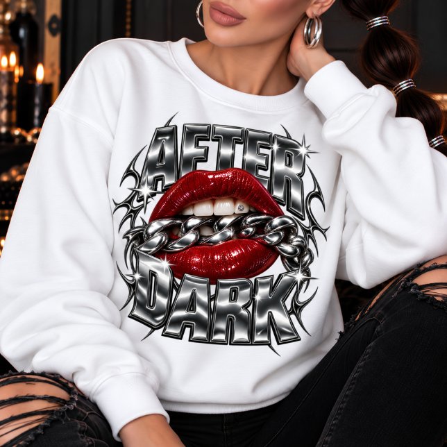Red Lips After Dark Chrome Sweatshirt (After Dark chrome graphic sweatshirt: bold red lips, silver chain and effortless attitude.)