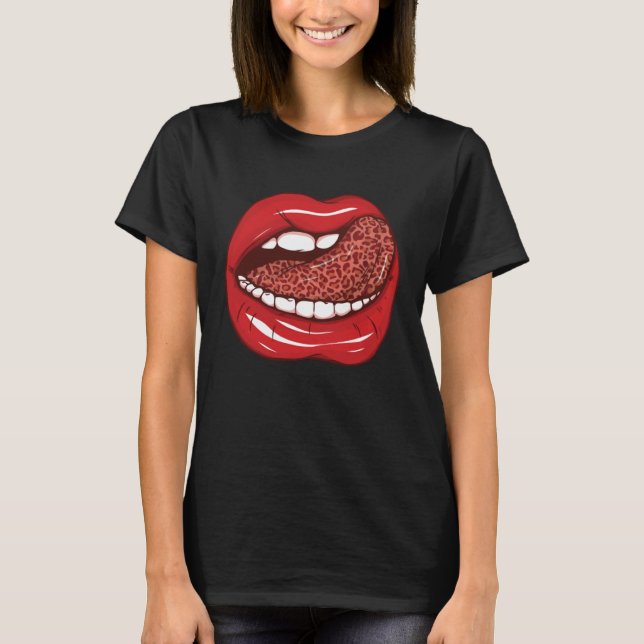 Red lips and leopard print tongue Female Beautiful T-Shirt (Front)