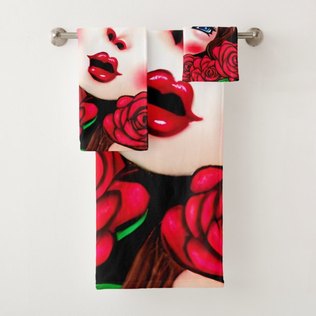 Red Lips and Red Roses Pattern Bath Towel Set (Insitu)