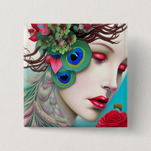 Red Lips and Roses Peacock Abstract 15 Cm Square Badge