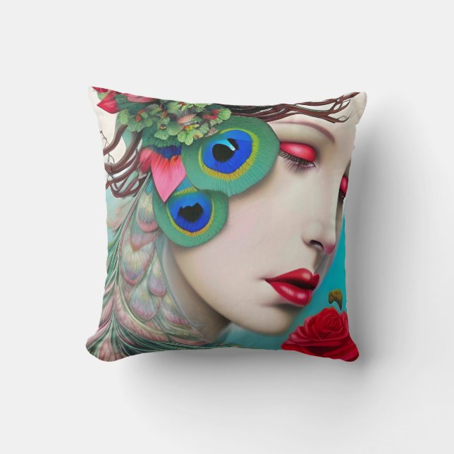 Red Lips and Roses Peacock Abstract Cushion (Front)