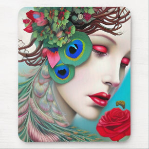 Red Lips and Roses Peacock Abstract Mouse Mat