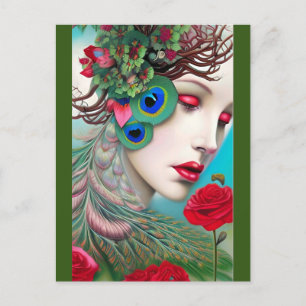 Red Lips and Roses Peacock Abstract  Postcard
