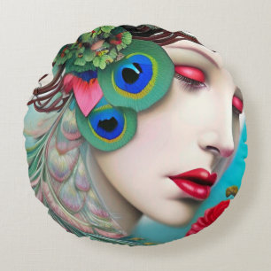 Red Lips and Roses Peacock Abstract  Round Cushion