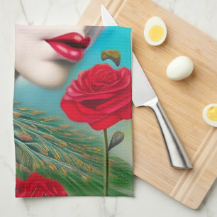 Red Lips and Roses Peacock Abstract   Tea Towel