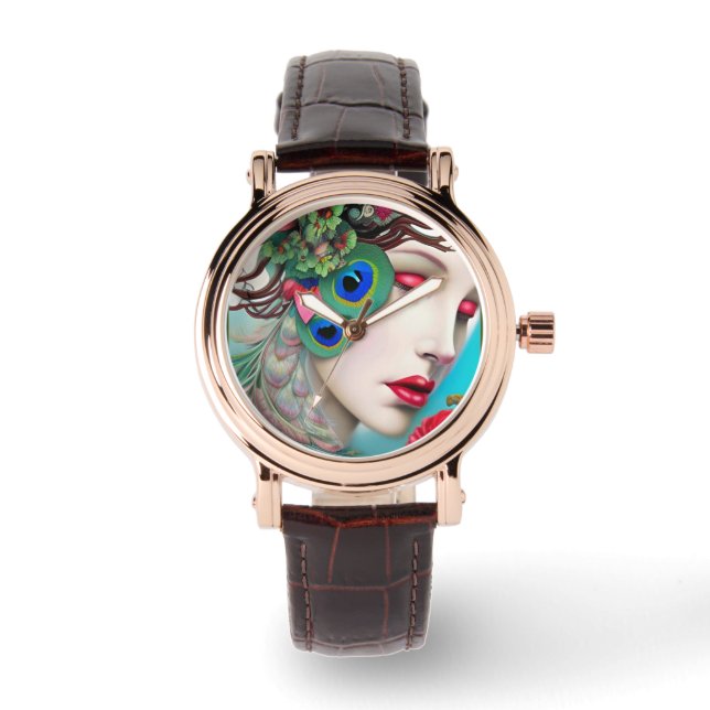 Red Lips and Roses Peacock Abstract   Watch (Front)