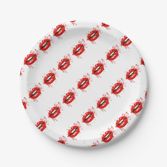 Red lips beauty makeup kiss glamour paper plate (Front)