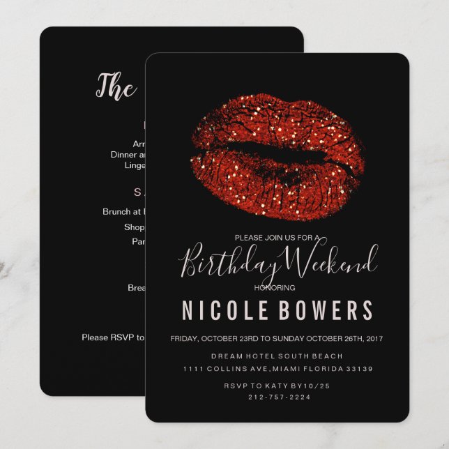 Red Lips Birthday Weekend Itinerary Invitation (Front/Back)