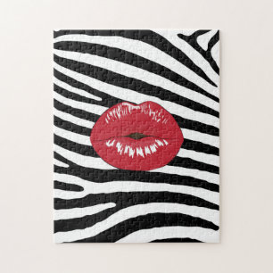Red Lips Black and White Zebra Jigsaw Puzzle