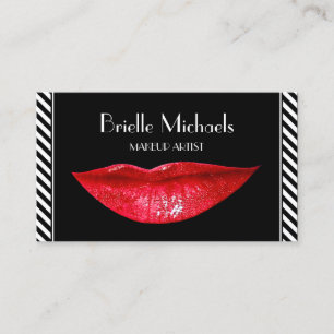 Red Lips Black Stripe Makeup Artist Business Card