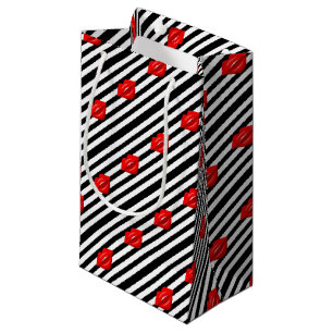 Red lips black white striped gift bag