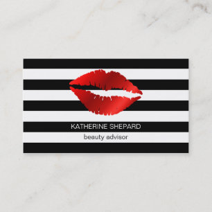Red Lips Black & White Stripes Makeup Beauty Business Card