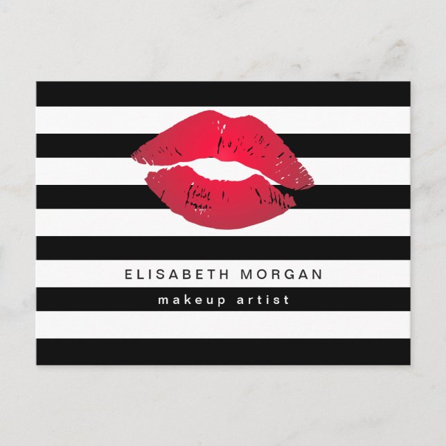 Red Lips Black White Stripes Modern Makeup Artist Postcard (Front)