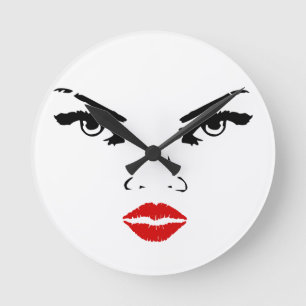 Red Lips Clock: Female Face Round Clock