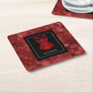Red Lips Corset Bridal Shower Square Paper Coaster