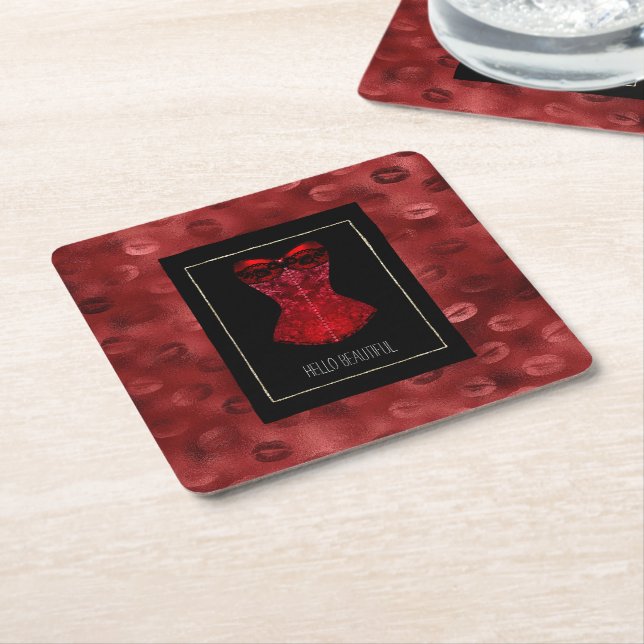 Red Lips Corset Bridal Shower Square Paper Coaster (Angled)