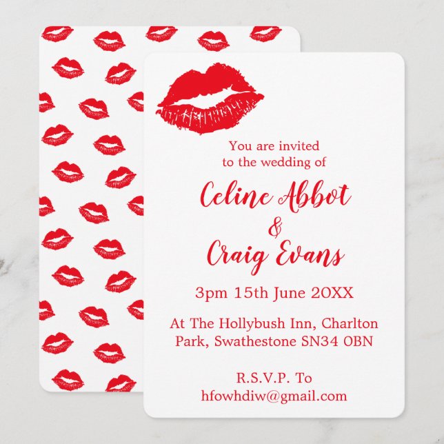 Red Lips Cute Modern Wedding Invitation (Front/Back)