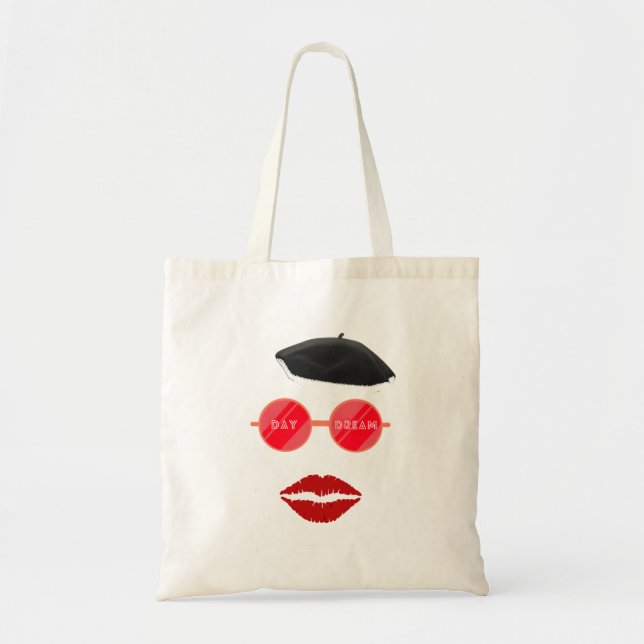 Red Lips & Day Dream  text with red glasses hat Tote Bag (Front)