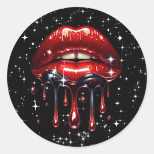 Red Lips Dripping Glitter Glam Faux Sparkle Classic Round Sticker