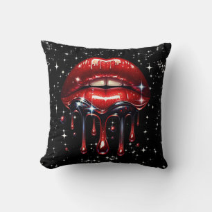 Red Lips Dripping Glitter Glam Sparkle Cushion