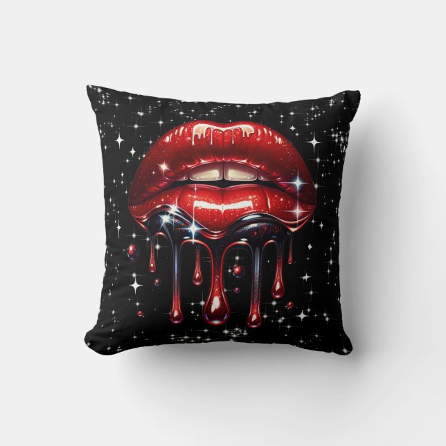 Red Lips Dripping Glitter Glam Sparkle Cushion (Front)