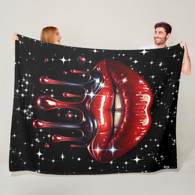 Red Lips Dripping Glitter Glam Sparkle Fleece Blanket (In Situ)