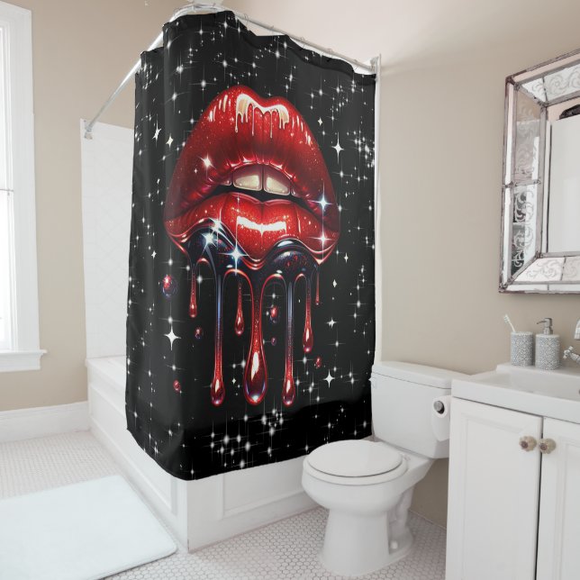 Red Lips Dripping Glitter Glam Sparkle Shower Curtain (In Situ)
